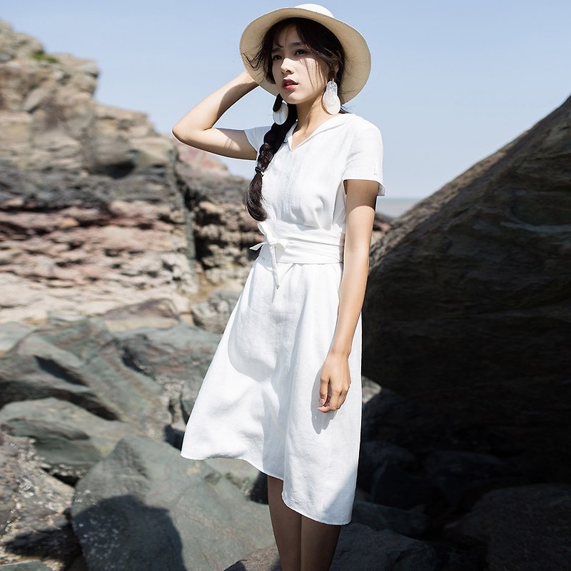 Anne Chen 2017 summer new ladies wide belt solid color dress - ชุดเดรส - ผ้าฝ้าย/ผ้าลินิน ขาว