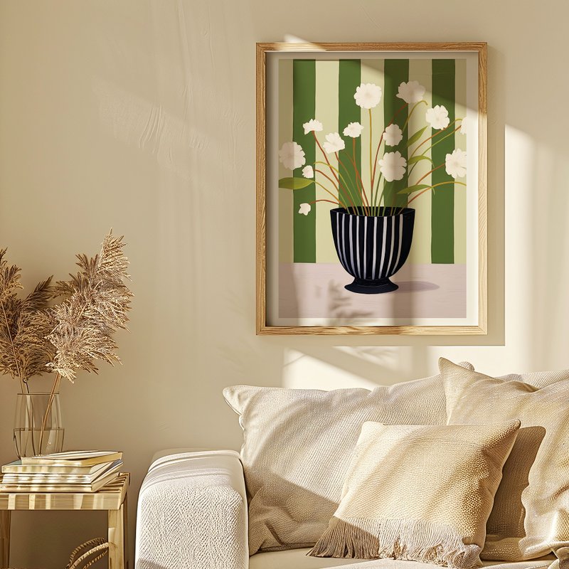 グリーンの上に白い花 / リビングルーム用のモダンな花柄ポスター - ポスター・絵 - 紙 