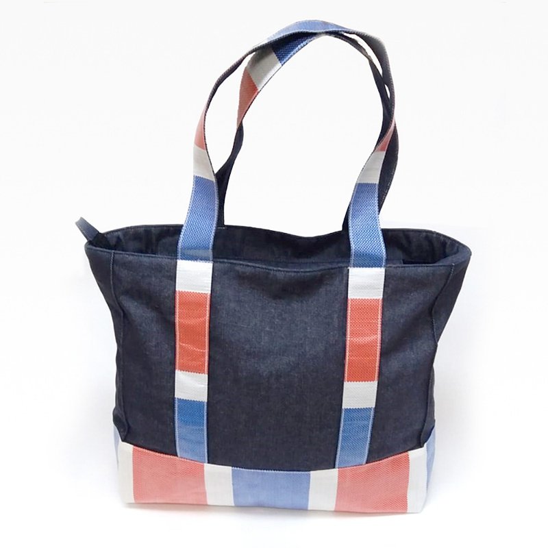 rwb330 X amm - rwb & denim patchwork tote bag - กระเป๋าถือ - ไนลอน 