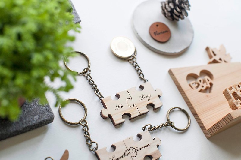 雙面客製化七夕情人節禮物 經典款美檜原木拼圖鑰匙圈- 2片組 - 鑰匙圈/鑰匙包 - 木頭 橘色
