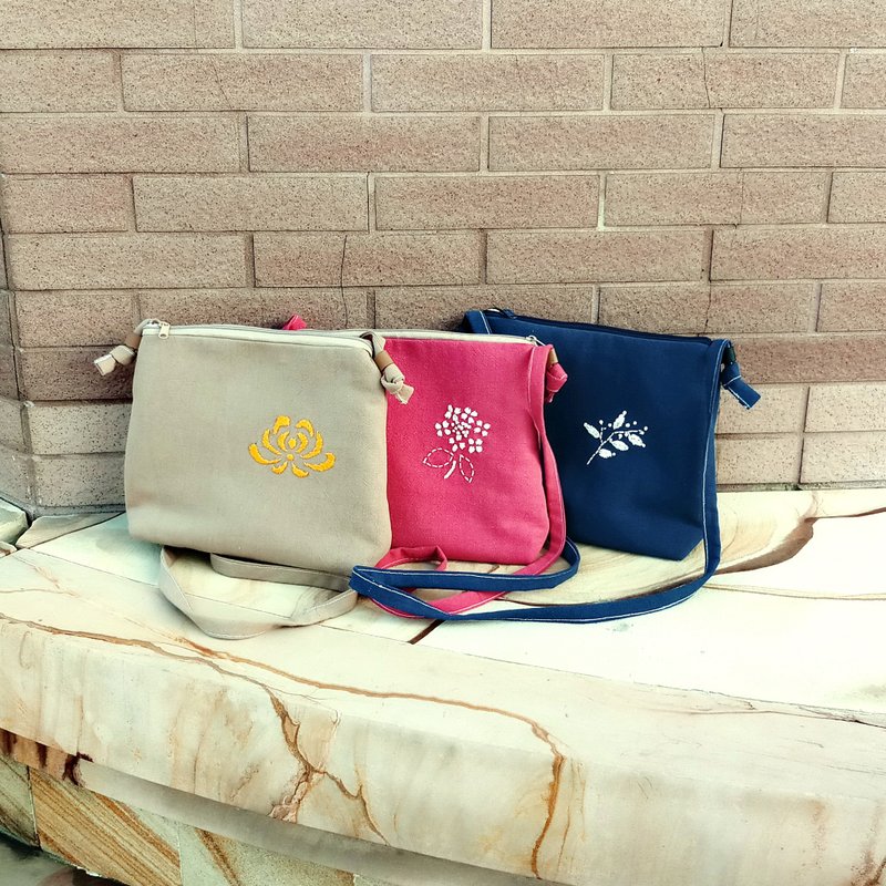 Hand embroidery series shoulder bag/cross bag shoulder bag phone bag light cloth bag St-002 - Messenger Bags & Sling Bags - Cotton & Hemp Gold