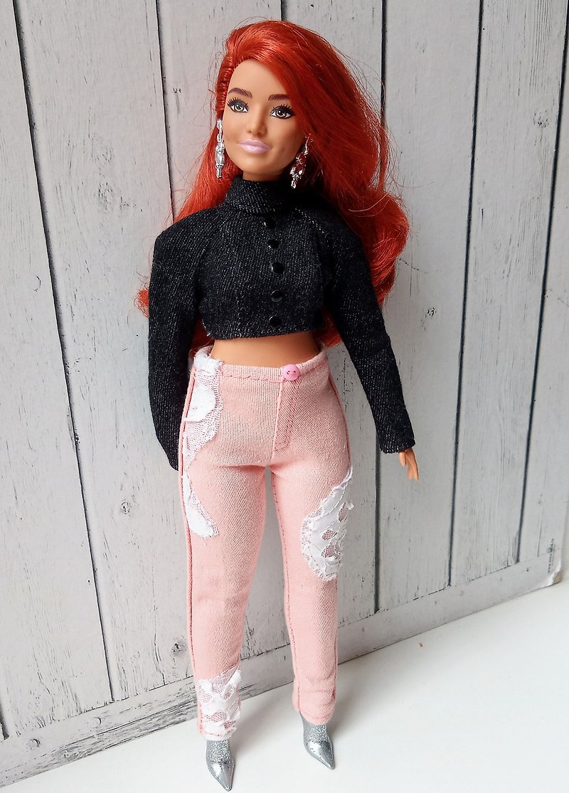 Coral jeans with lace Trim for Barbie curvy - 寶寶/兒童玩具/玩偶 - 聚酯纖維 粉紅色