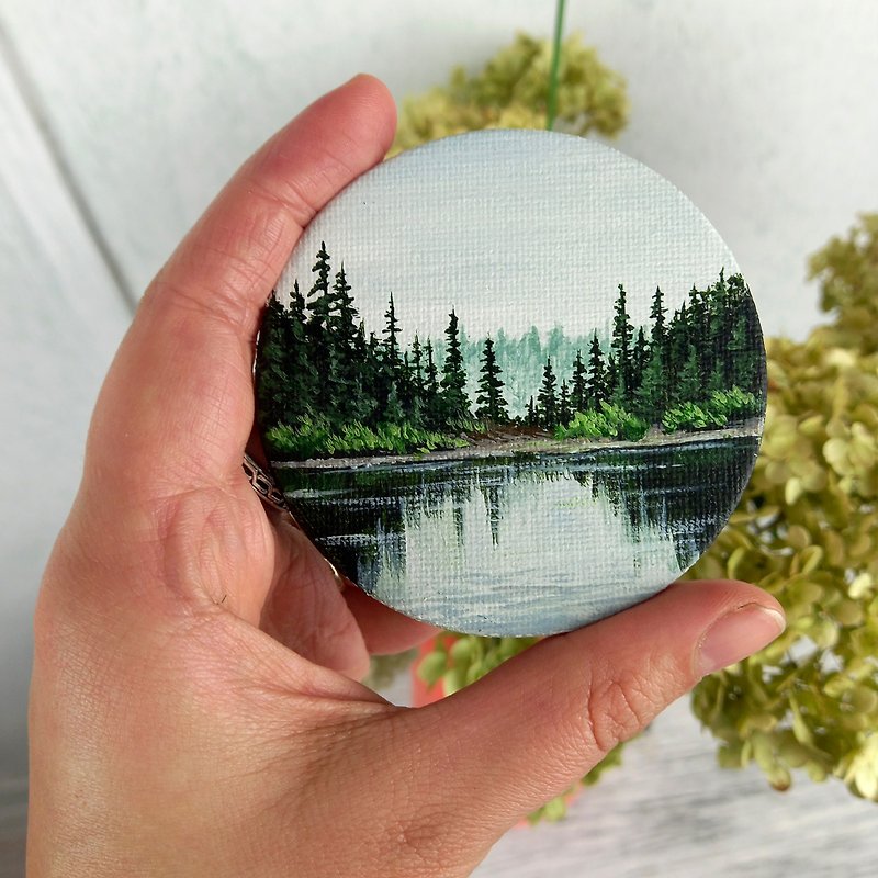 Landscape forest Painting Original Mini Canvas Kitchen Decor Fridge magnet - 掛牆畫/海報 - 棉．麻 綠色