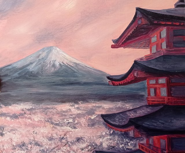 Mount Fuji Painting, Japanese Cherry, Original Painting, Blossom