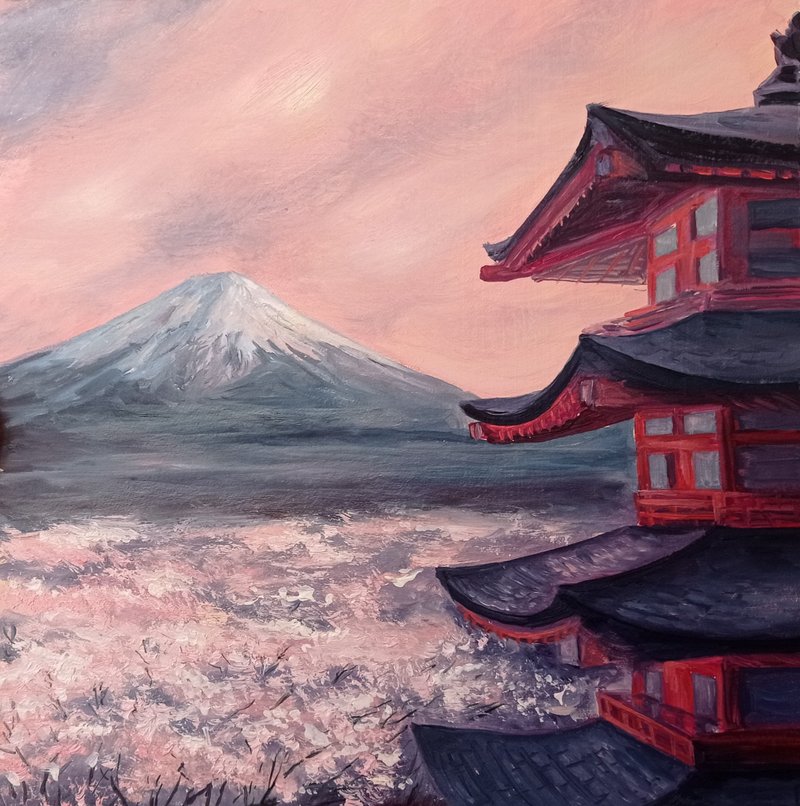 Mount Fuji Painting, Japanese Cherry, Original Painting, Blossom Sakura  富士山  桜 - 海報/掛畫/掛布 - 其他材質 粉紅色