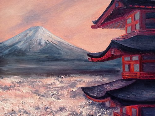 富士山絵画、日本の桜、オリジナル絵画、花桜富士山桜 - ショップ