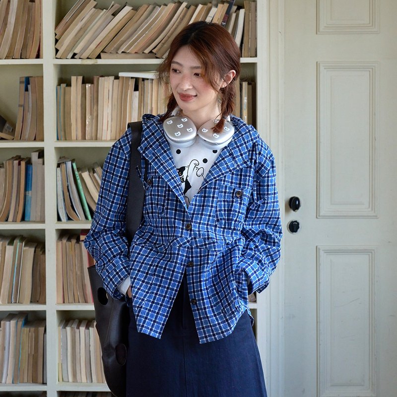 日系格紋襯衫式外套|外套|夏秋款|Sora-1879 - 女大衣/外套 - 棉．麻 藍色