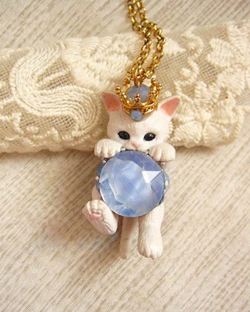 [Jolie baby] embrace a touch of blue - gray cat Crowne Russian antique crystal diamond necklace - สร้อยคอ - วัสดุอื่นๆ สีน้ำเงิน