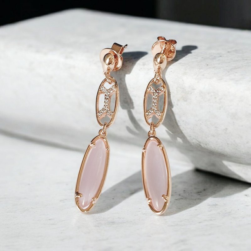 Rose quartz earrings with CZ, silver with rose gold plated setting. - 耳環/耳夾/耳骨夾 - 寶石 粉紅色