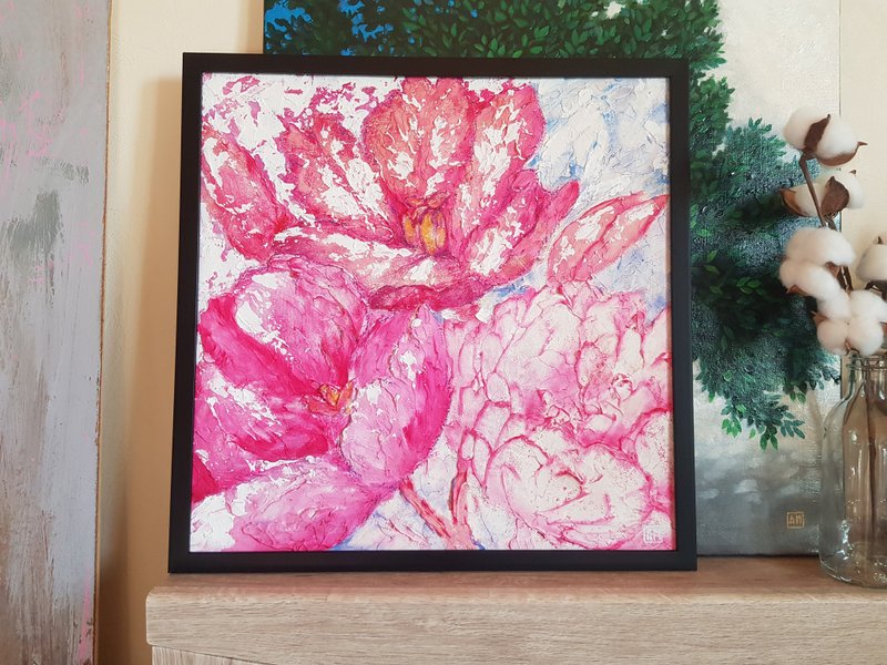 Original Peony flower artwork hand painted acrylic + oil painting framed - ตกแต่งผนัง - วัสดุอื่นๆ 