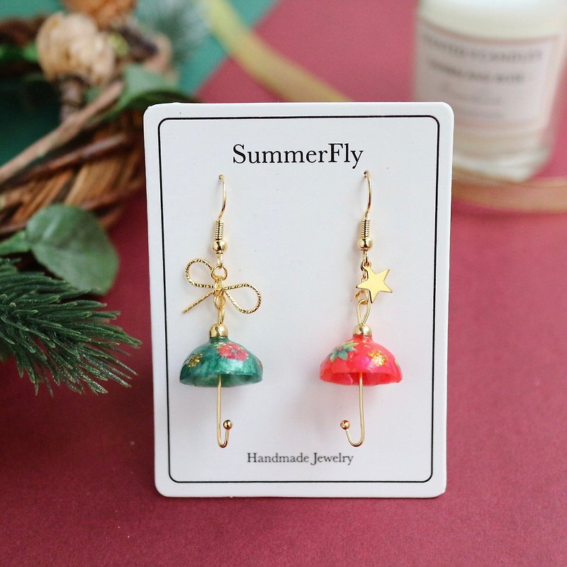 Christmas Limited - Red Green Asymmetrical Shiny Umbrella Dangle Earrings 18k Gold Bow Stars New Year - Earrings & Clip-ons - Resin Multicolor