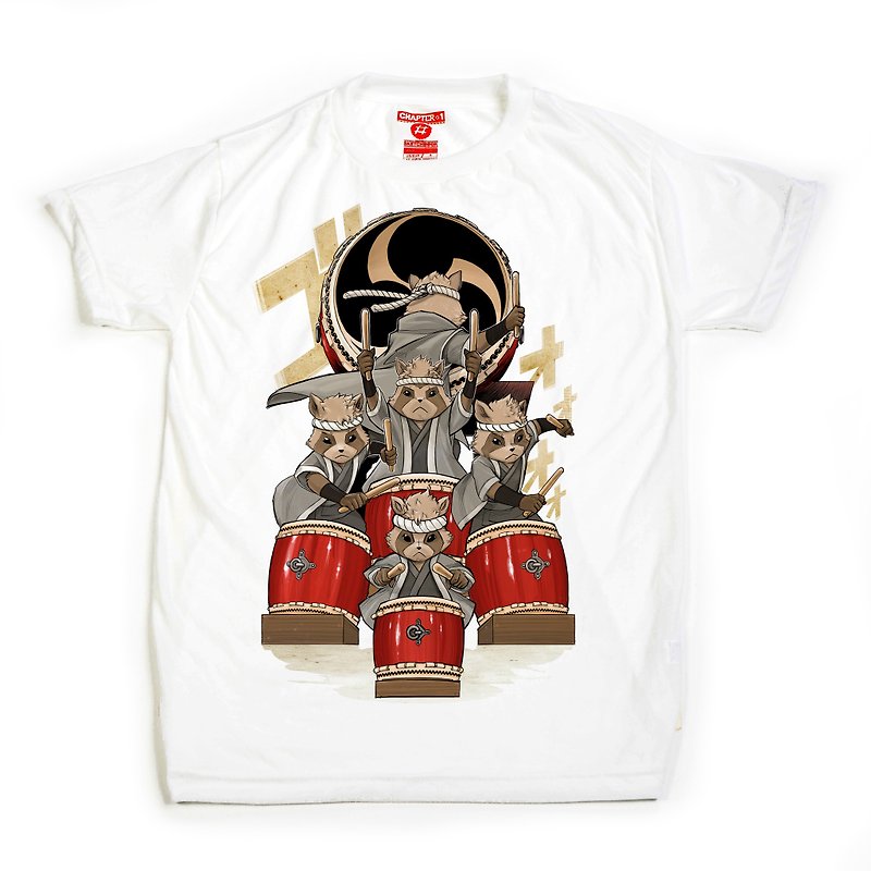 Tanuki play drum Chapter One T-shirt - T 恤 - 棉．麻 白色