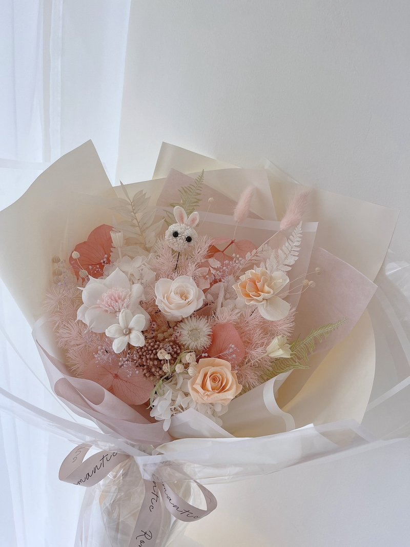 Cute White Rabbit Eternal Rose Bouquet/ Tanabata Bouquet Valentine's Day Gift Proposal Bouquet Birthday Gift - Dried Flowers & Bouquets - Plants & Flowers Orange