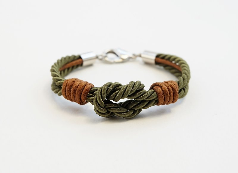 Military green tie the knot bracelet with brown waxed cotton cord - 手鍊/手環 - 其他材質 綠色