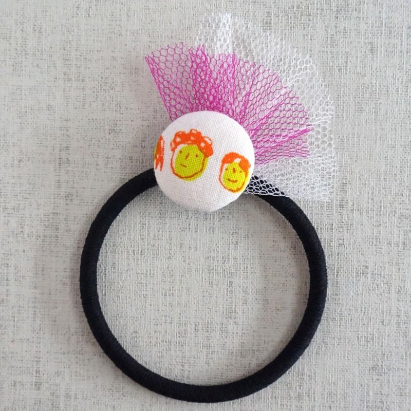 Hand-printed original walnut button Hair elastic "Friend 1" - เครื่องประดับผม - ผ้าฝ้าย/ผ้าลินิน สึชมพู