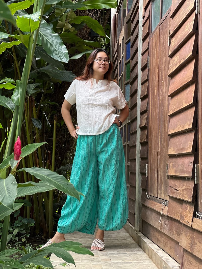 Hand Embroidered Wide Leg Cotton Pants - Green Relaxed Fit - 中性長褲/短褲 - 棉．麻 綠色