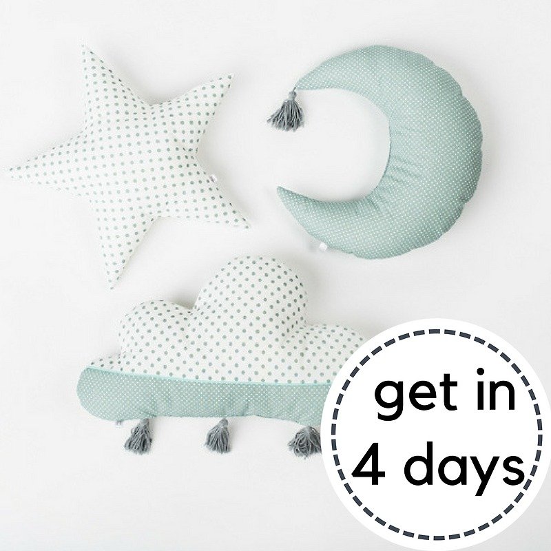 Set of 3! Pillow set cloud - star - moon, white, mint polka dot - Baby Gift Sets - Cotton & Hemp 