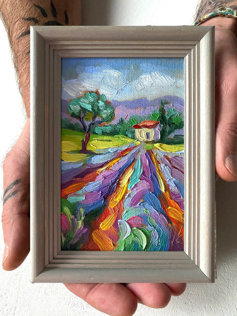 薰衣草田繪畫托斯卡納原創藝術風景油畫厚塗小幅藝術品 4x6 托斯 - 壁貼/牆壁裝飾 - 木頭 