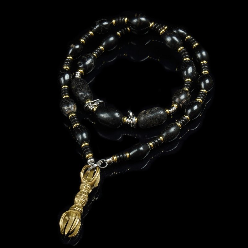 Japanese Shingon Esoteric Buddhist Ritual Tool - Vajra with Five Prongs. West Asian Black Patina Ancient Bead Necklace (Necklace Length 66 cm) - สร้อยคอยาว - วัสดุอื่นๆ 