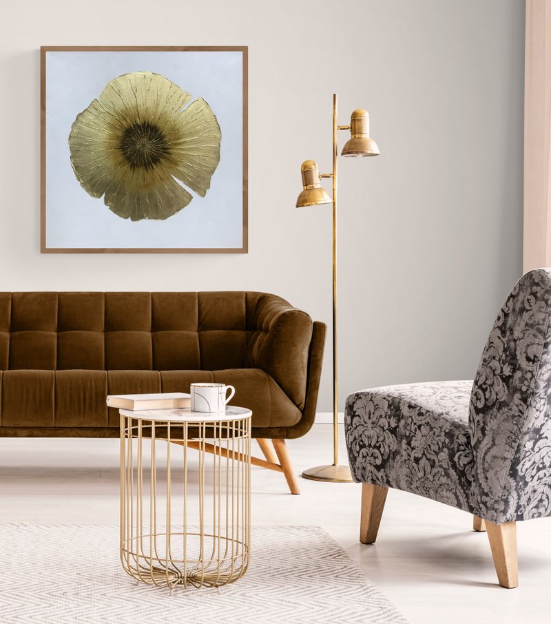 Large Abstract white gold poppy painting on canvas Textured painting - 壁貼/牆壁裝飾 - 棉．麻 金色