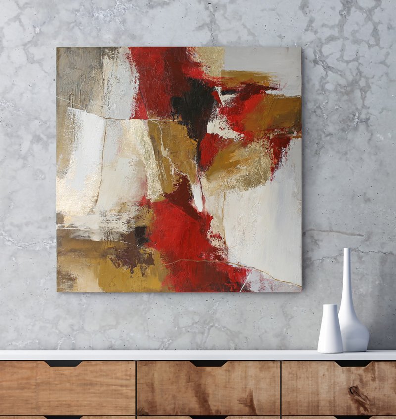 Red and Gold Art | Red Gold Abstract painting | Red Gold Wall Art | Florid - 壁貼/牆壁裝飾 - 棉．麻 紅色