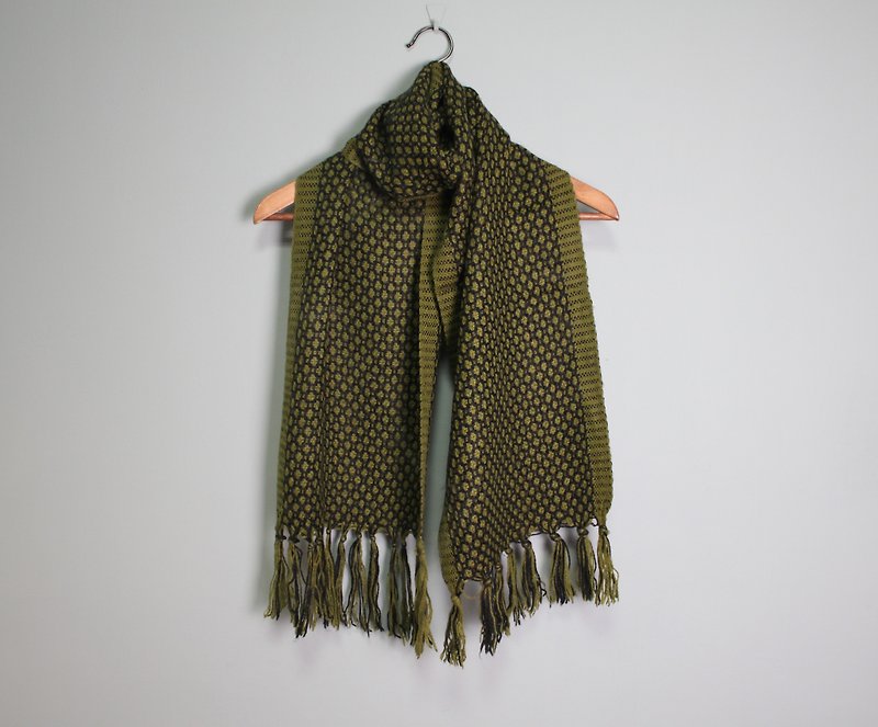 FOAK古著 暗綠色窗花編織圍巾 - 絲巾 - 其他材質 