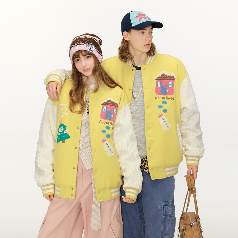 クリスマスツリー風アニメキャラクターの楽しい野球コート ラブコート - アウター メンズ - コットン・麻 イエロー