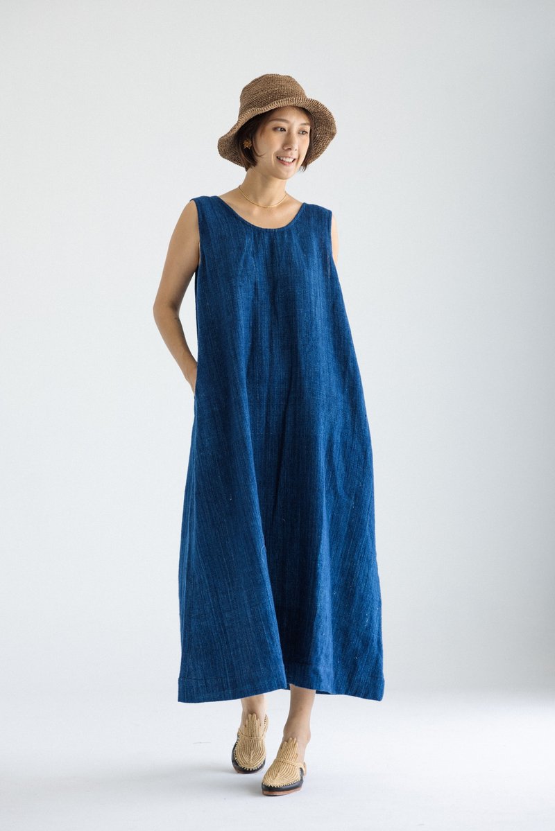 KALAKAR handwoven small U-back dress_dark blue - One Piece Dresses - Cotton & Hemp Blue