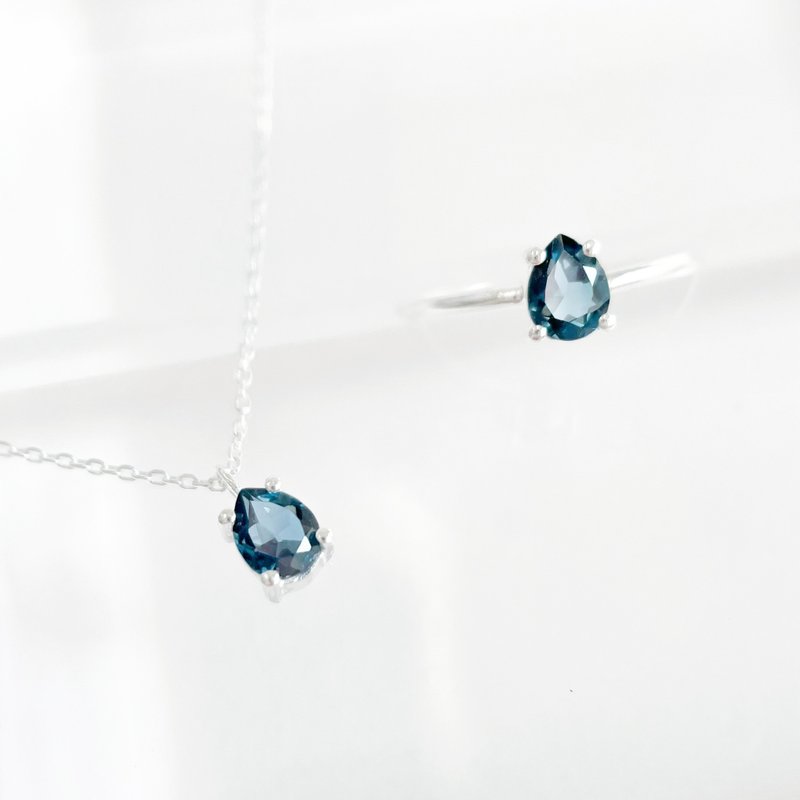 【 Jewellery Combo Set 】Pear-shaped London Topaz 925 Silver Necklace and Ring Set - General Rings - Gemstone Blue