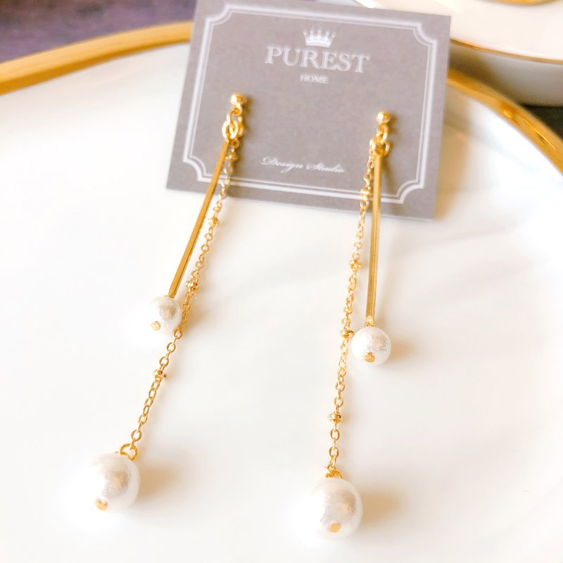 PUREST HOME 舞動女神の日本棉珍珠-垂墜黃銅耳環 - 耳環/耳夾/耳骨夾 - 其他材質 