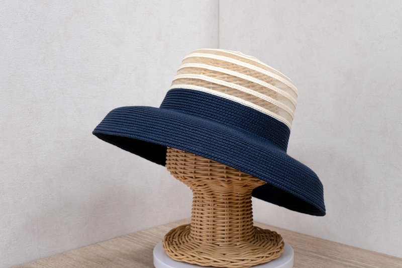 British elegant and breathable lady hat - navy blue + off-white paper thread woven made in Taiwan - Hats & Caps - Paper Blue