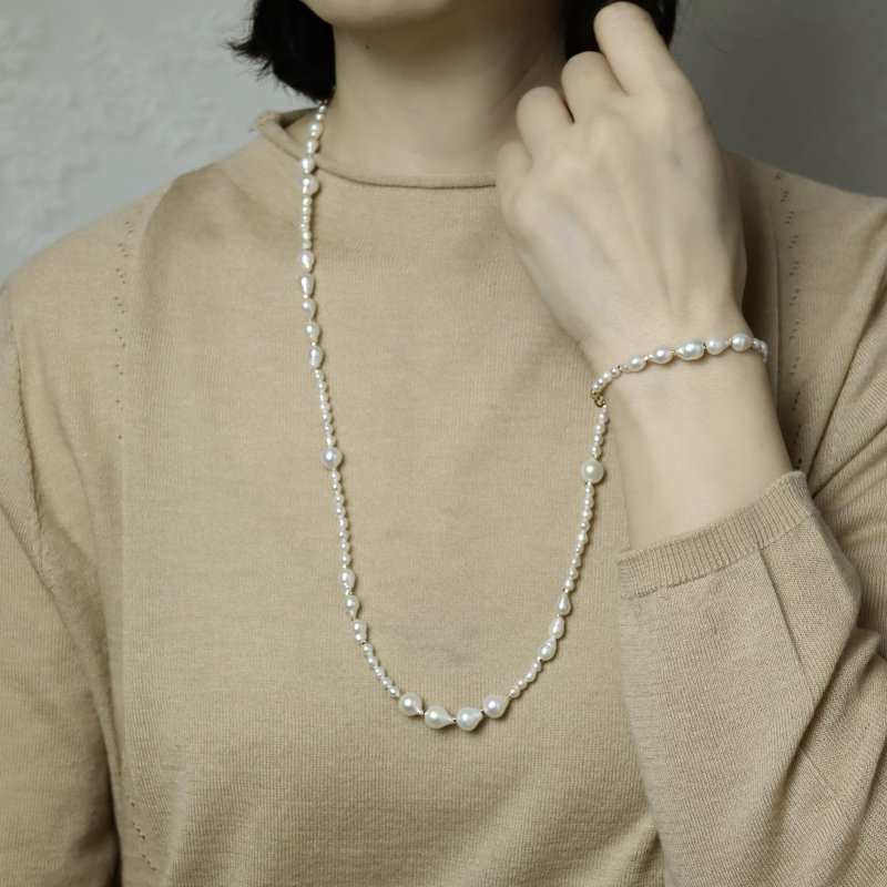 Trickle-White Natural Freshwater Pearl Necklace + Bracelet Set Long Chain Multiple Wear - Long Necklaces - Pearl 