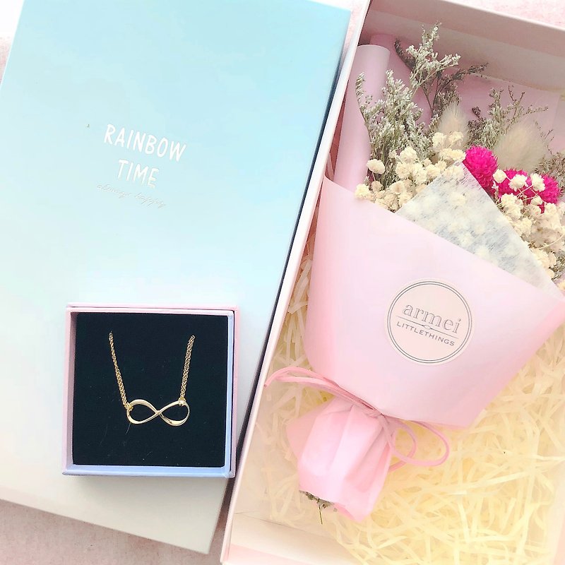 Sincerity Gift [Flower Gift Box Set] Infinity Love Necklace + Dry Bouquet Not Mini - สร้อยคอ - โลหะ หลากหลายสี