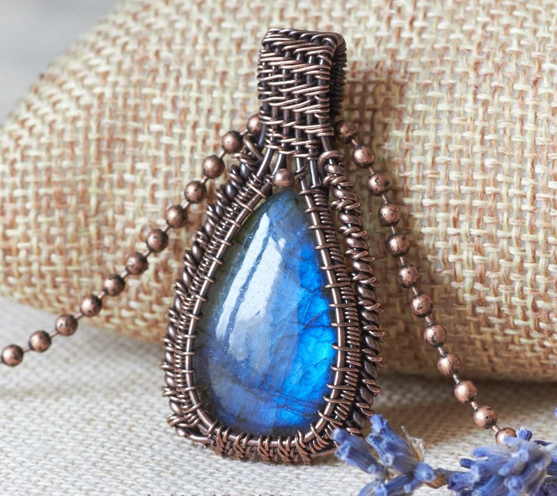 Blue Labradorite Necklace Wire Wrap Copper Pendant - Necklaces - Gemstone Blue