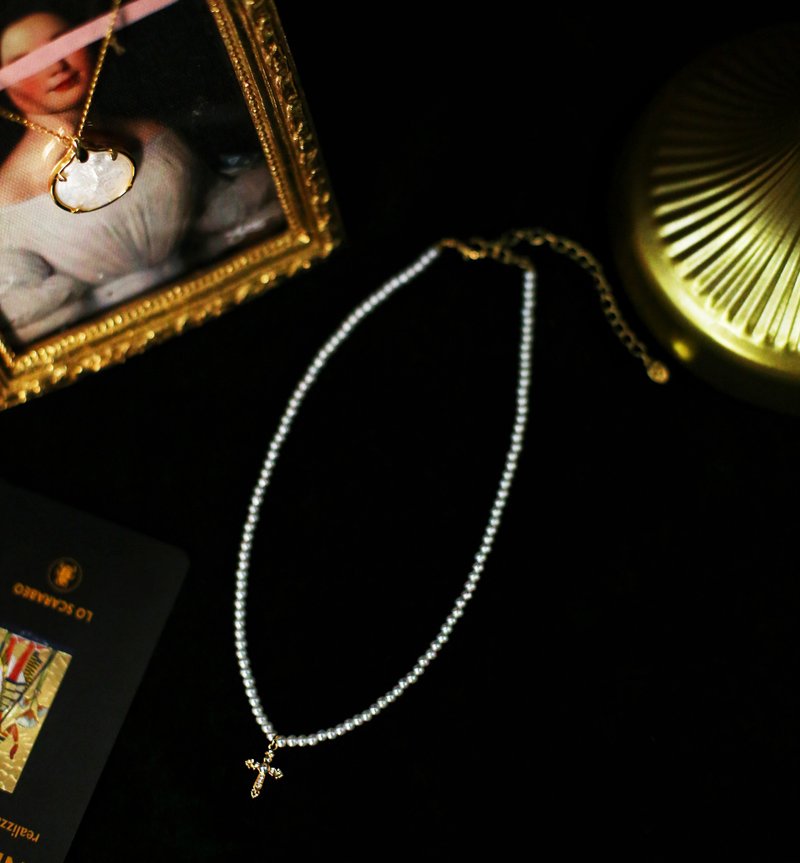 SecretFormula Prayer Pearl Cross Choker - Necklaces - Pearl Gold