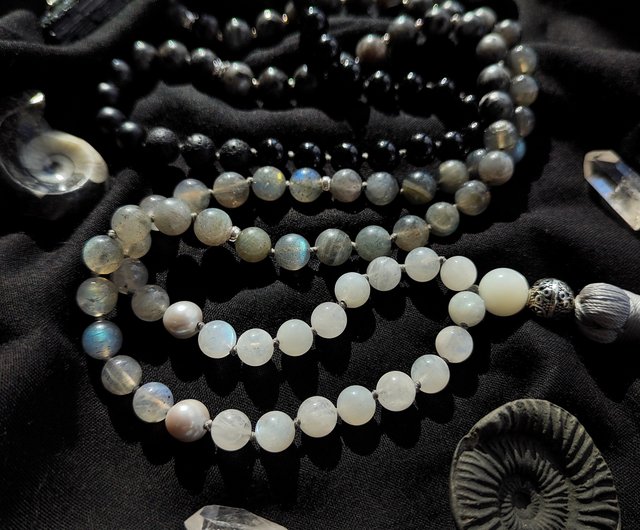 Order Moonstone Mala/Rainbow Moonstone/Gray Moonstone/ And Labradorite Larvikite with Tibetan Beading.