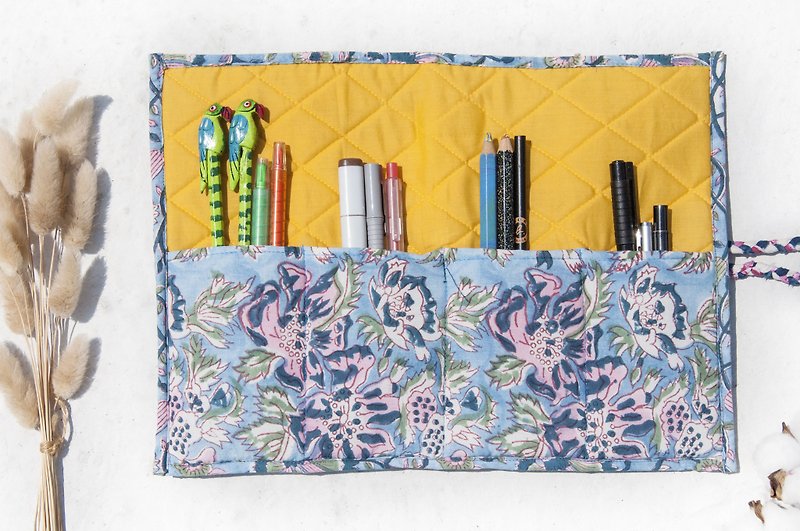 Woodcut printed roll pencil case / tableware bag / spring roll pencil case / cosmetic bag / makeup pencil case-woodcut printed blue dyed flower - Pencil Cases - Cotton & Hemp Multicolor