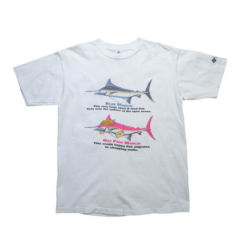 90s American-made Columbia blue marlin and marlin tee T-shirt vintage - เสื้อยืดผู้ชาย - วัสดุอื่นๆ ขาว