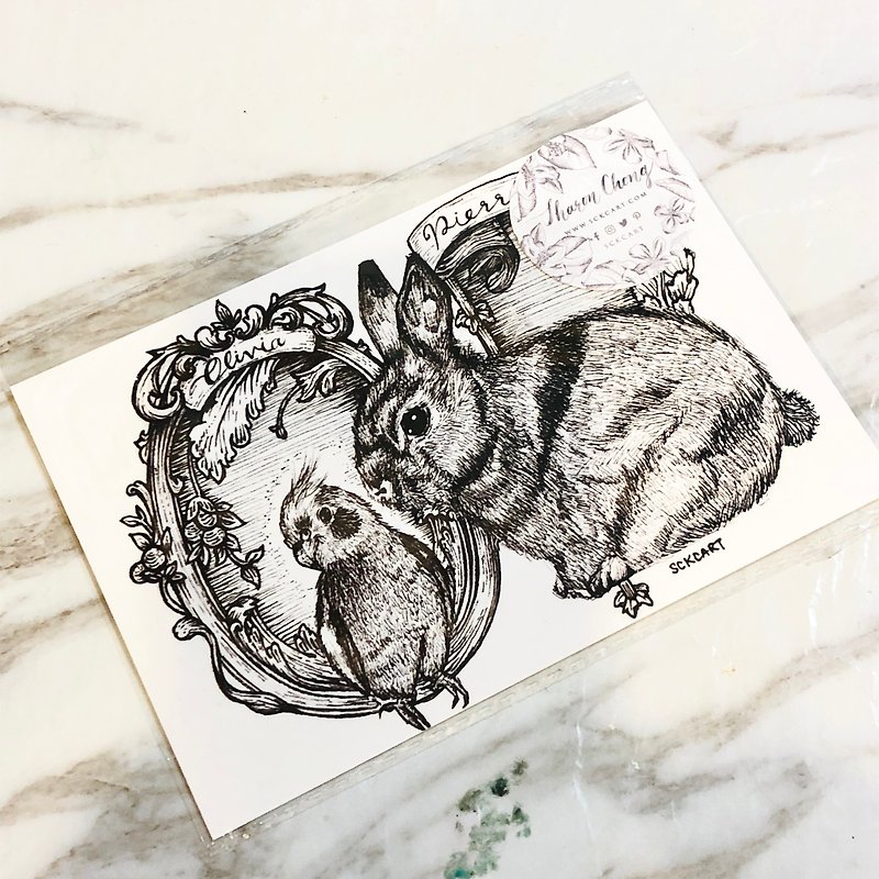 針筆玄鳳鸚鵡兔子插畫明信片 bunny parrot postcard - 卡片/明信片 - 紙 藍色