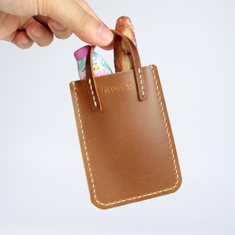 Mini Tote Bag Card Holder (With Hook and Buckle Strap) - ที่ห้อยกุญแจ - หนังแท้ สีนำ้ตาล
