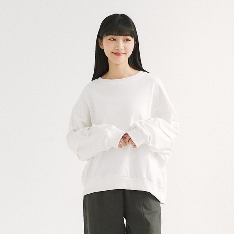 【Simply Yours】Stitched bat sleeve university T white F - เสื้อผู้หญิง - ผ้าฝ้าย/ผ้าลินิน ขาว