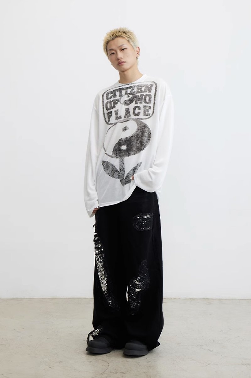Taiji Silk T-shirt Frayed Taiji Flower Silver Long Sleeve - Unisex Hoodies & T-Shirts - Cotton & Hemp White