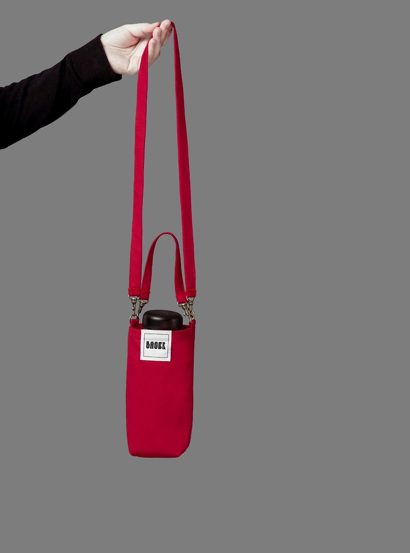 Universal environmental protection beverage bag detachable long strap oblique shoulder portable red - กระเป๋าถือ - ผ้าฝ้าย/ผ้าลินิน สีแดง