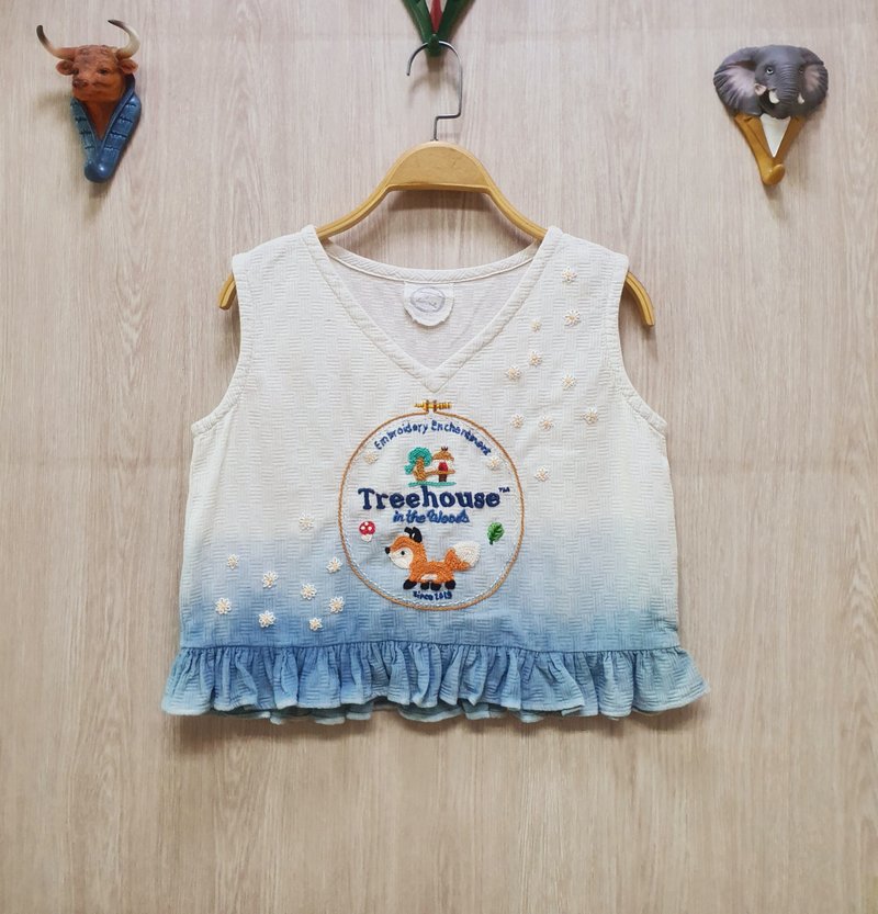 手工刺繡襯衫、棉麻麵、花 - 女上衣/長袖上衣 - 繡線 藍色