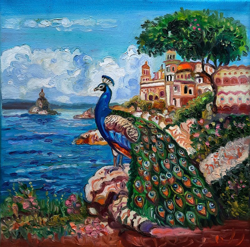 原創畫 Peacock Blue Art  Original Painting Oil Painting  Oil On Canvas - ตกแต่งผนัง - วัสดุอื่นๆ สีน้ำเงิน