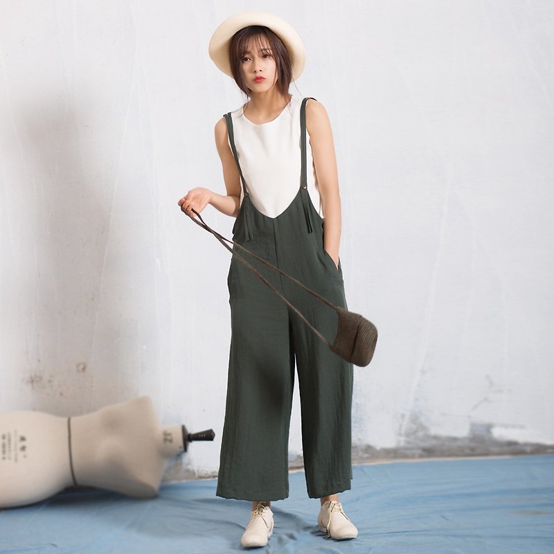 Annie Chen original design dream trip 2016 summer new literary small fresh casual strap collapse pants - Women's Pants - Cotton & Hemp Green