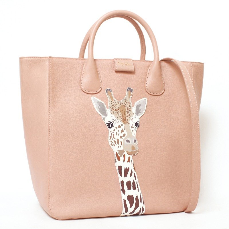 Fantasy World Giraffe Appliqué Leather Tote Bag - กระเป๋าถือ - หนังแท้ สึชมพู