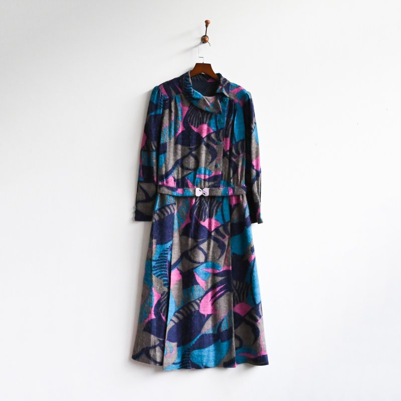 【蛋植物古著】霓虹雨林毛料緹花古著洋裝 - 連身裙 - 其他人造纖維 