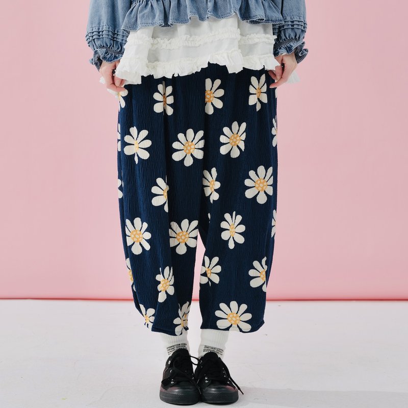 雛菊壓皺燈籠褲 / 休閒褲 褲子 - 女長褲 - 其他材質 藍色