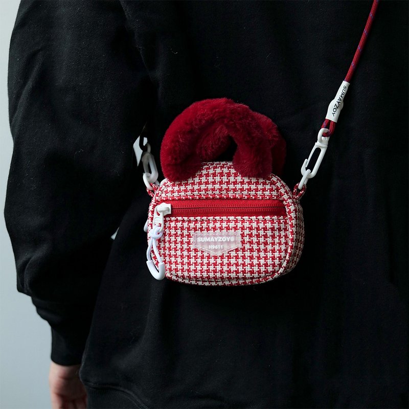 Autumn and winter clutch bag, carry-on bag, houndstooth crossbody bag, cute plush mini mobile phone bag, tomato red small - กระเป๋าแมสเซนเจอร์ - เส้นใยสังเคราะห์ สีแดง